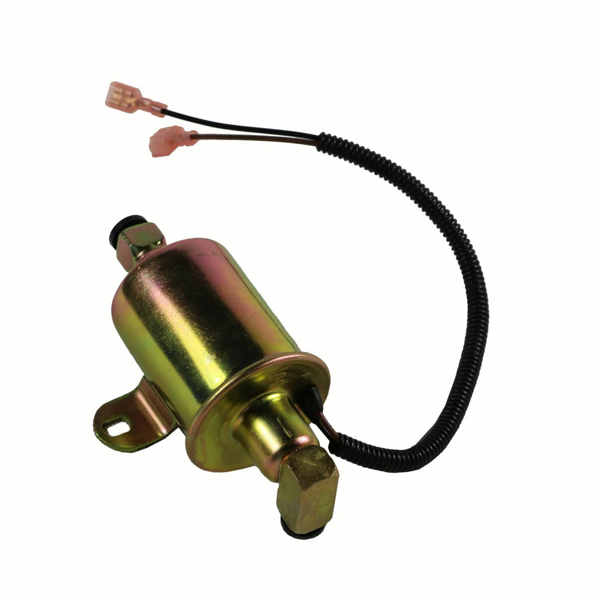Electric fuel pump with iridescent housing, inlet fitting, and black cable loop