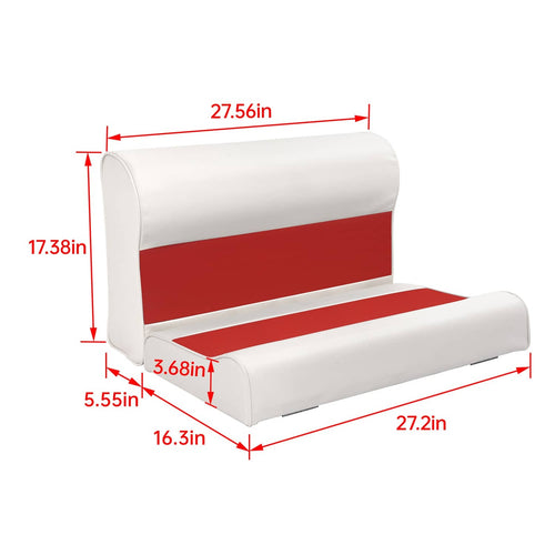 Boat pontoon bench seat cushion set with white base and red stripe, front and back view