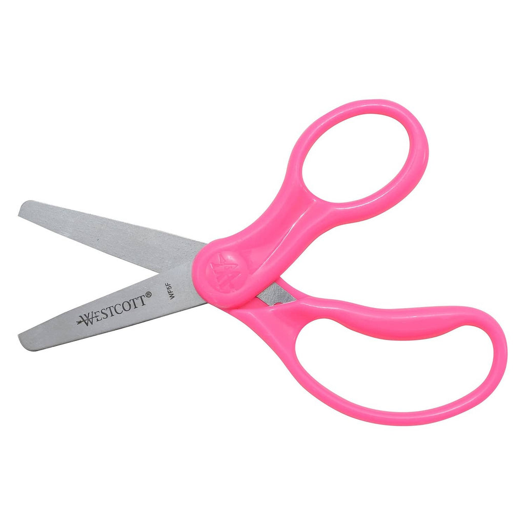 Pink Westcott kids' blunt-tip scissors with gray blades and finger loops