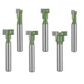 Six-piece keyhole router bit set with green cutter heads and silver 1/4 in shanks
