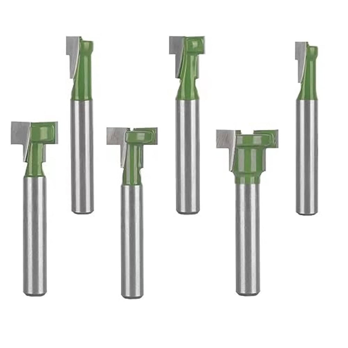 Six-piece keyhole router bit set with green cutter heads and silver 1/4 in shanks