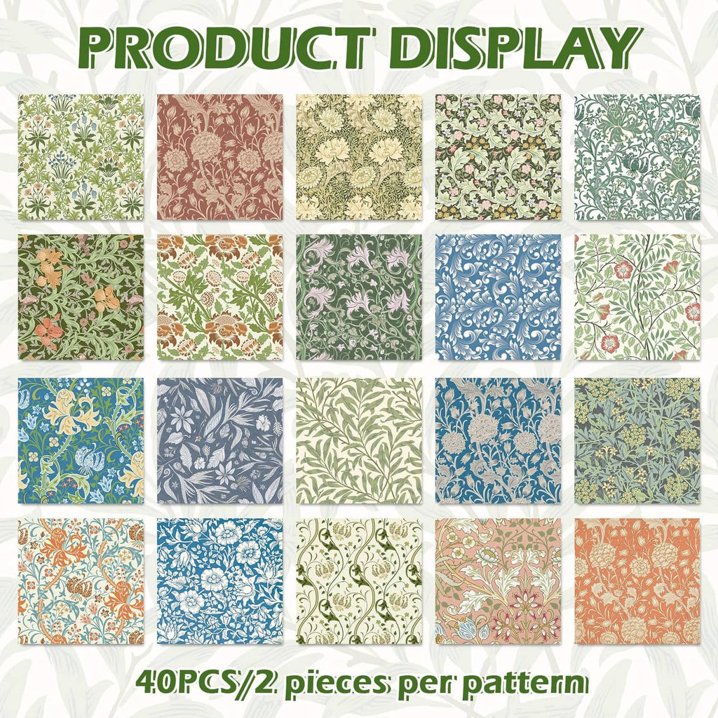 Assorted multicolor floral cotton fabric squares, 2 pieces per pattern