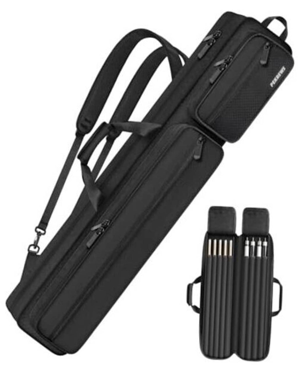 Black 4x5 pool cue case with double-zip pockets and adjustable carry straps