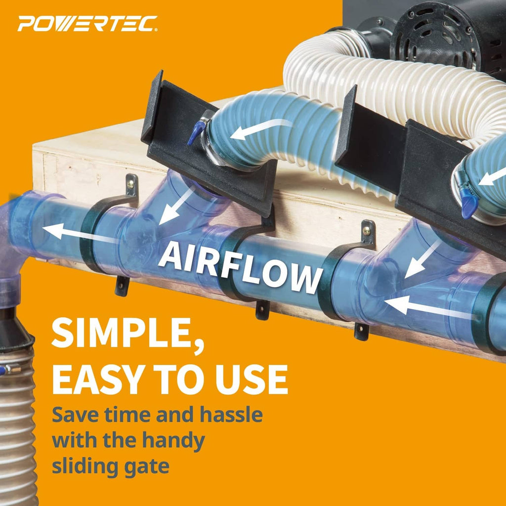 Powertec blast gate on dust collection duct with sliding gate, dark ABS