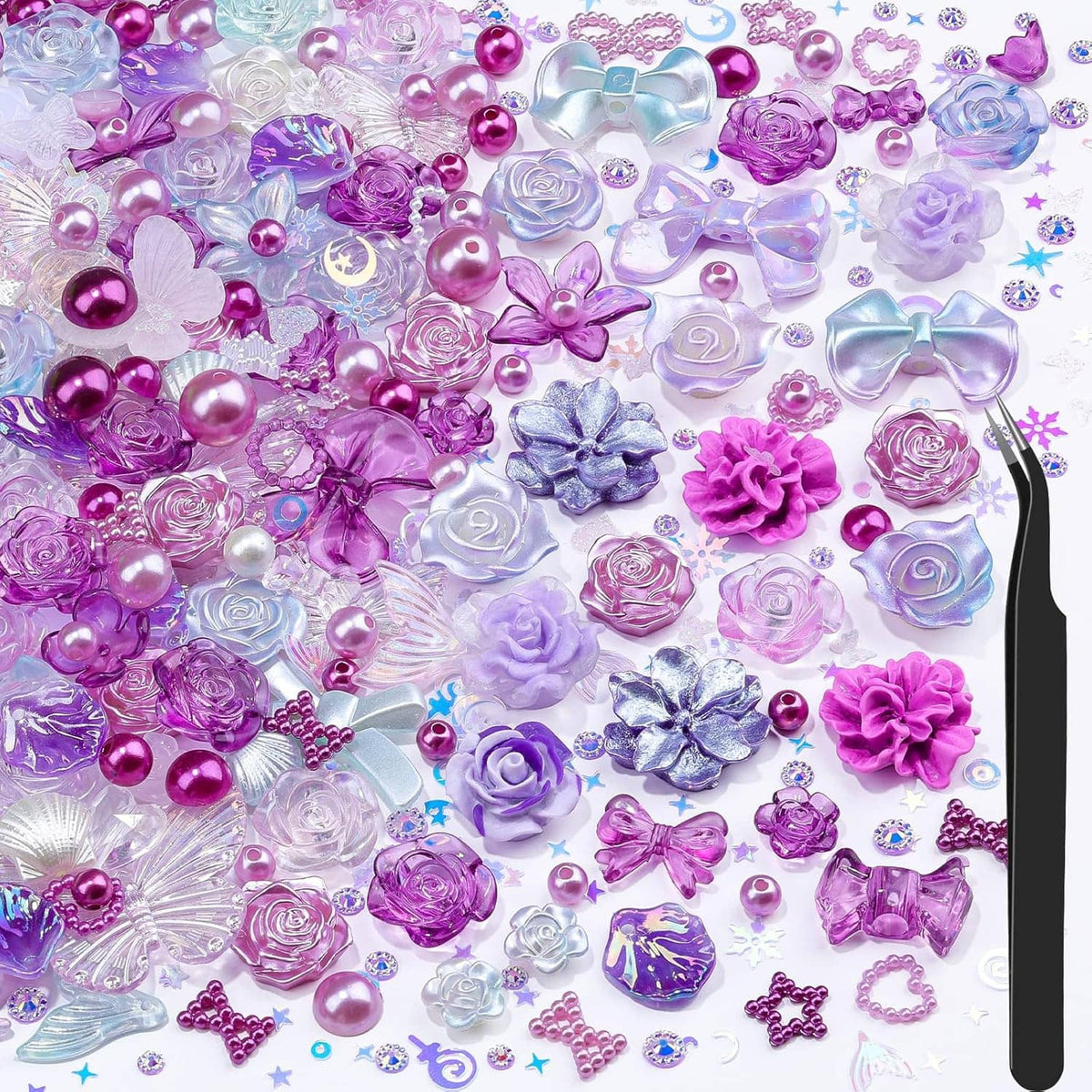Assorted resin flower and butterfly charms with purple, pink, and pale-blue bead pieces