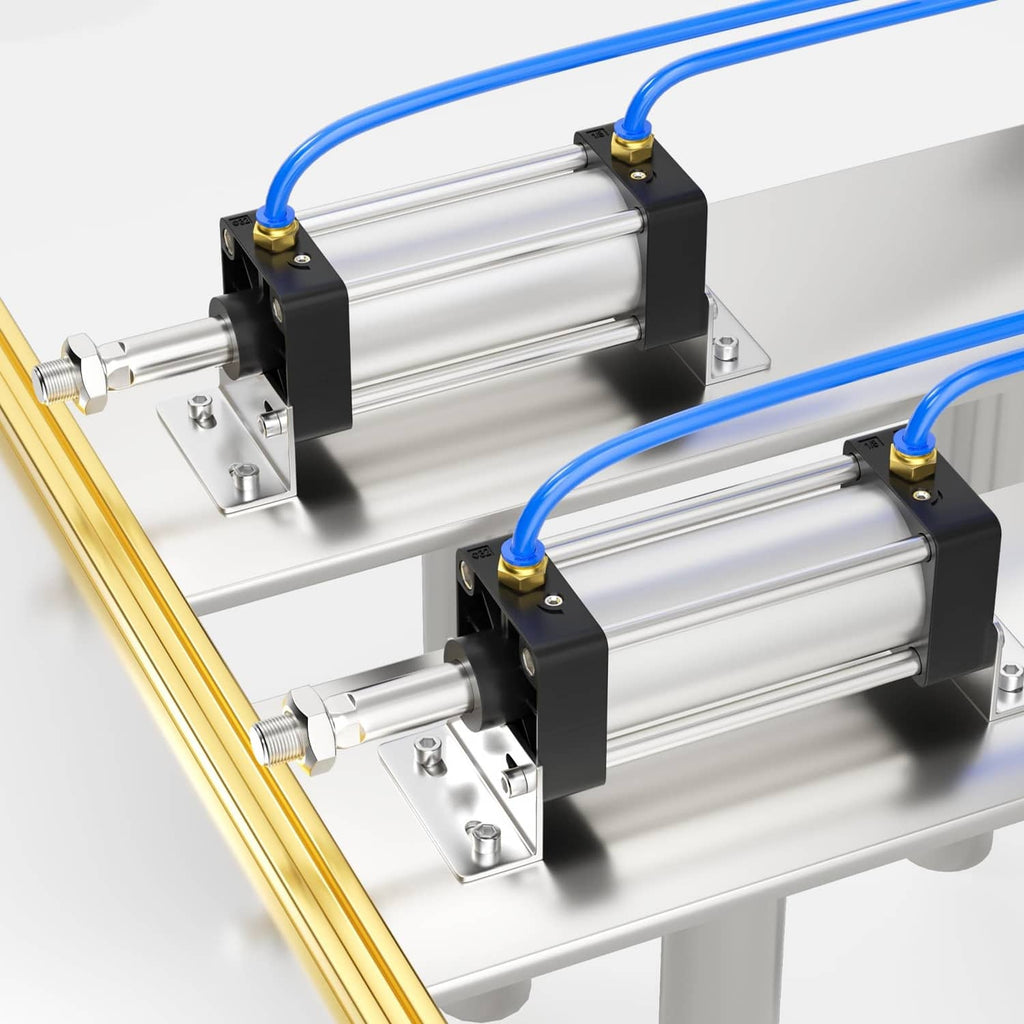 Mounted pneumatic air cylinder set with twin cylinders and blue air tubing