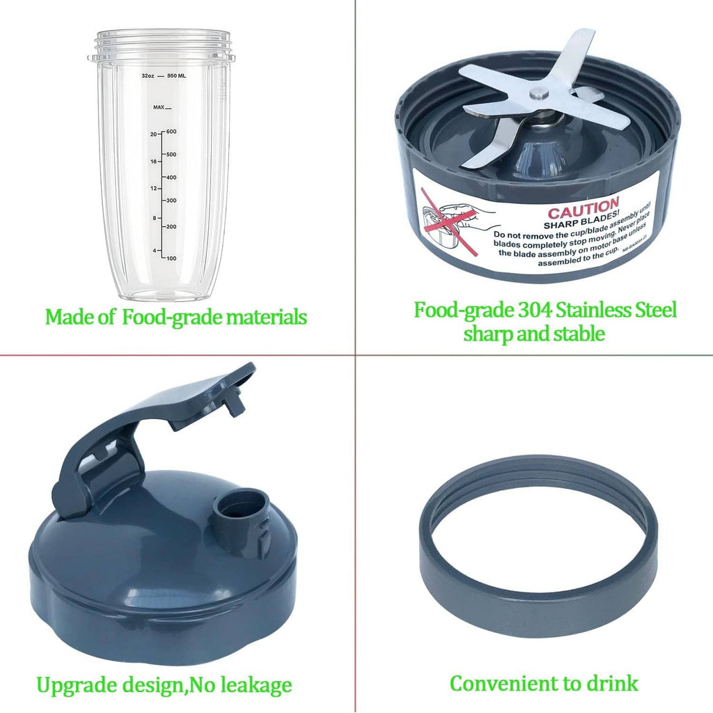 Clear blender cup with dark lid, blade assembly and gray rubber sealing ring