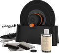 Manual vinyl record washer with spinning arm, brushes, and cleaning bottle