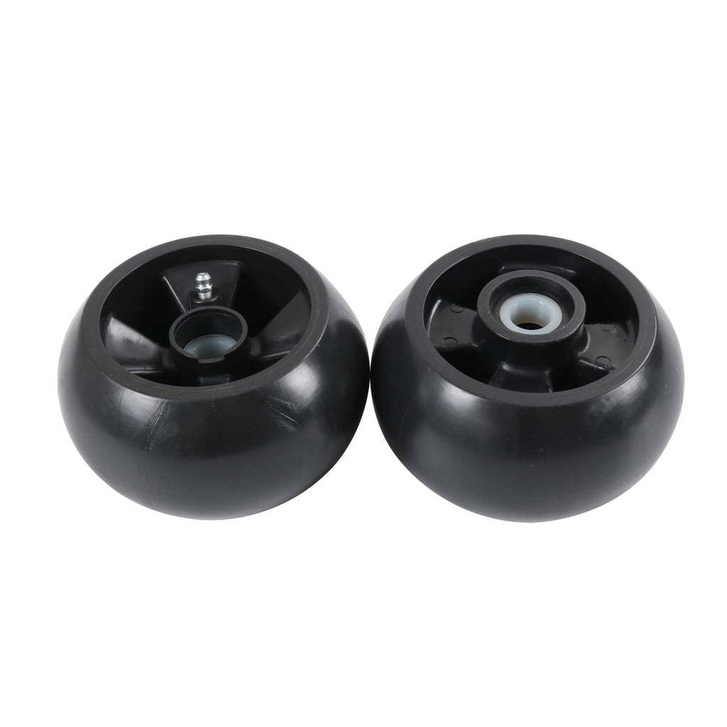 Pair of black deck mower wheels with center bearing and metal bolt