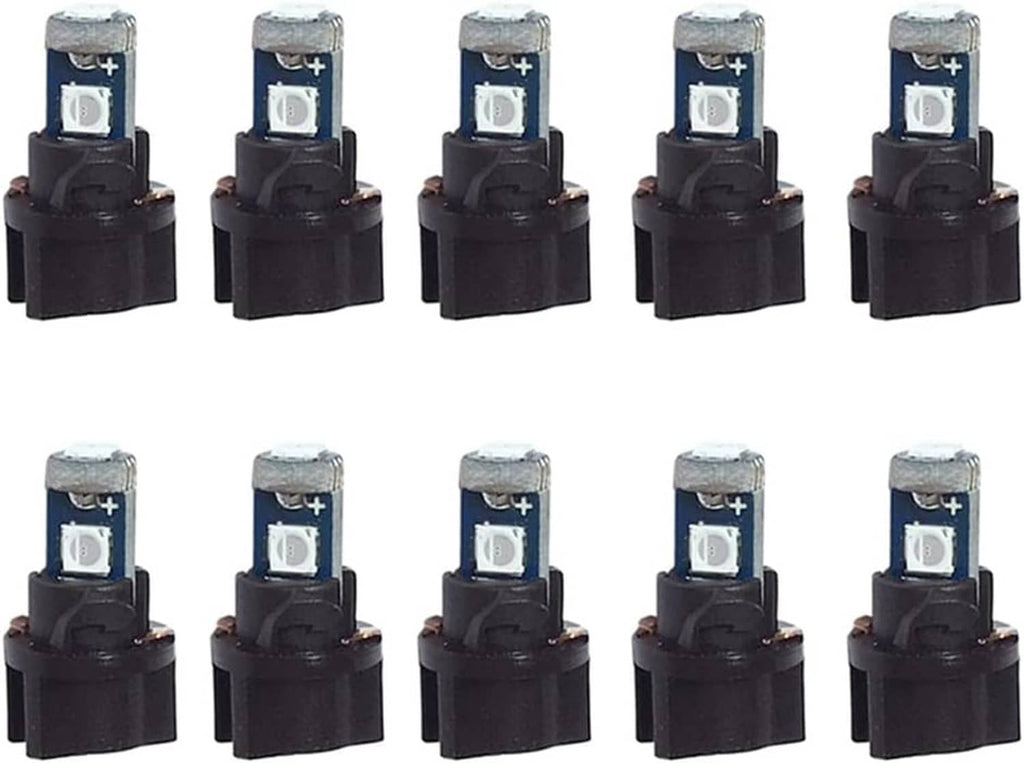 10-pack wedge LED bulbs with blue light emitter and twist socket bases, arranged.