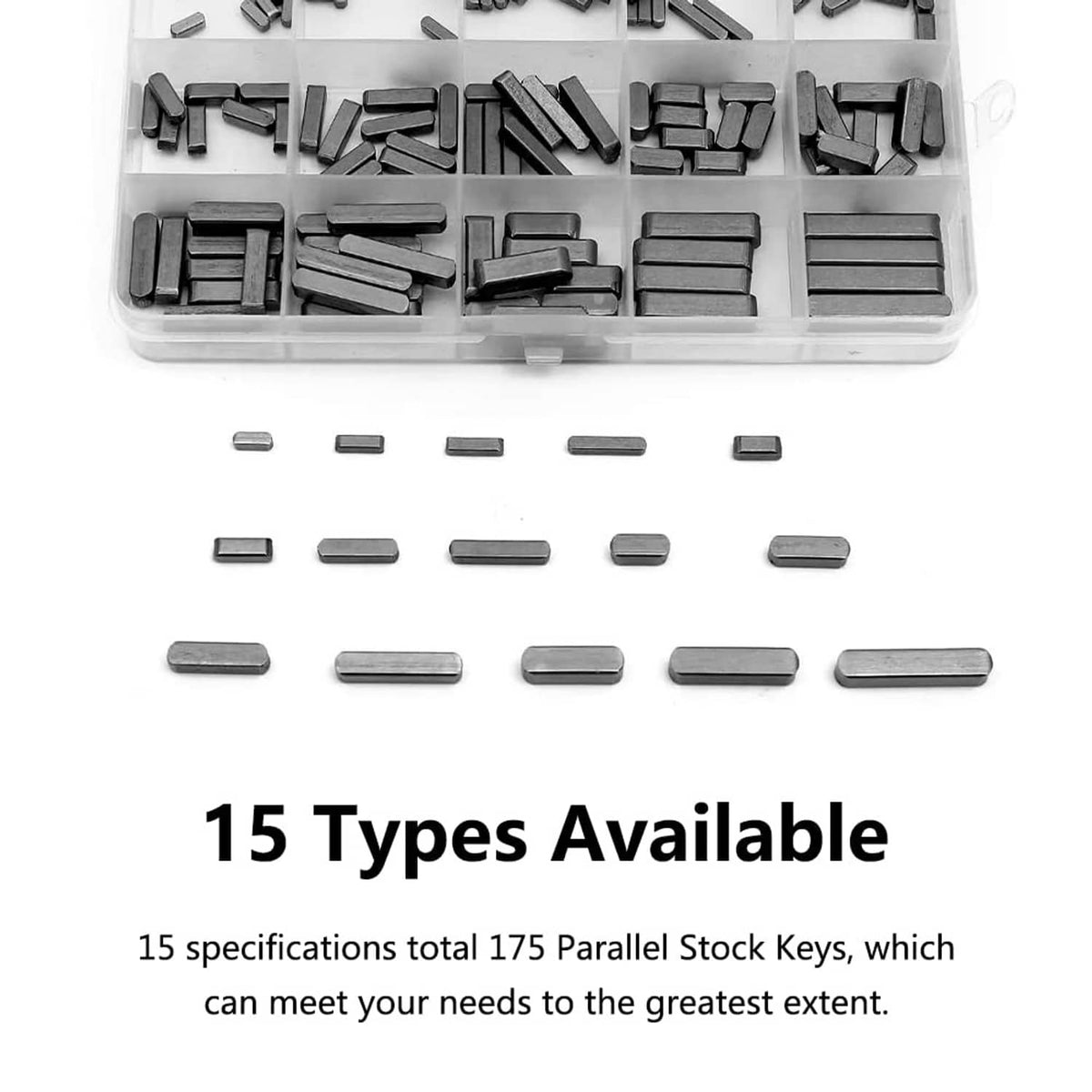Parallel square key stock pieces laid out, dark rectangular blocks for use in sets