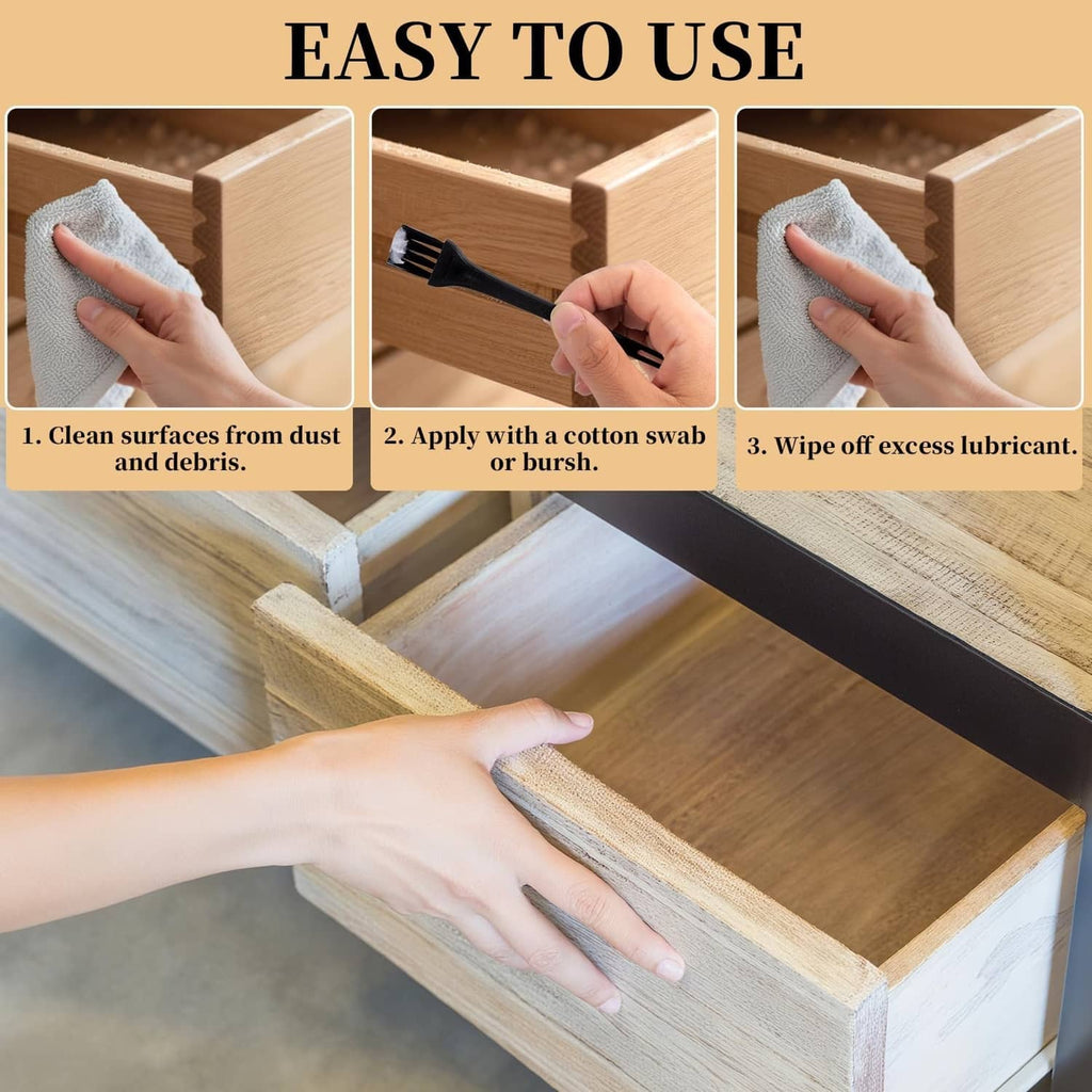Hands applying wood lubricant to drawer slides with sponge and applicator
