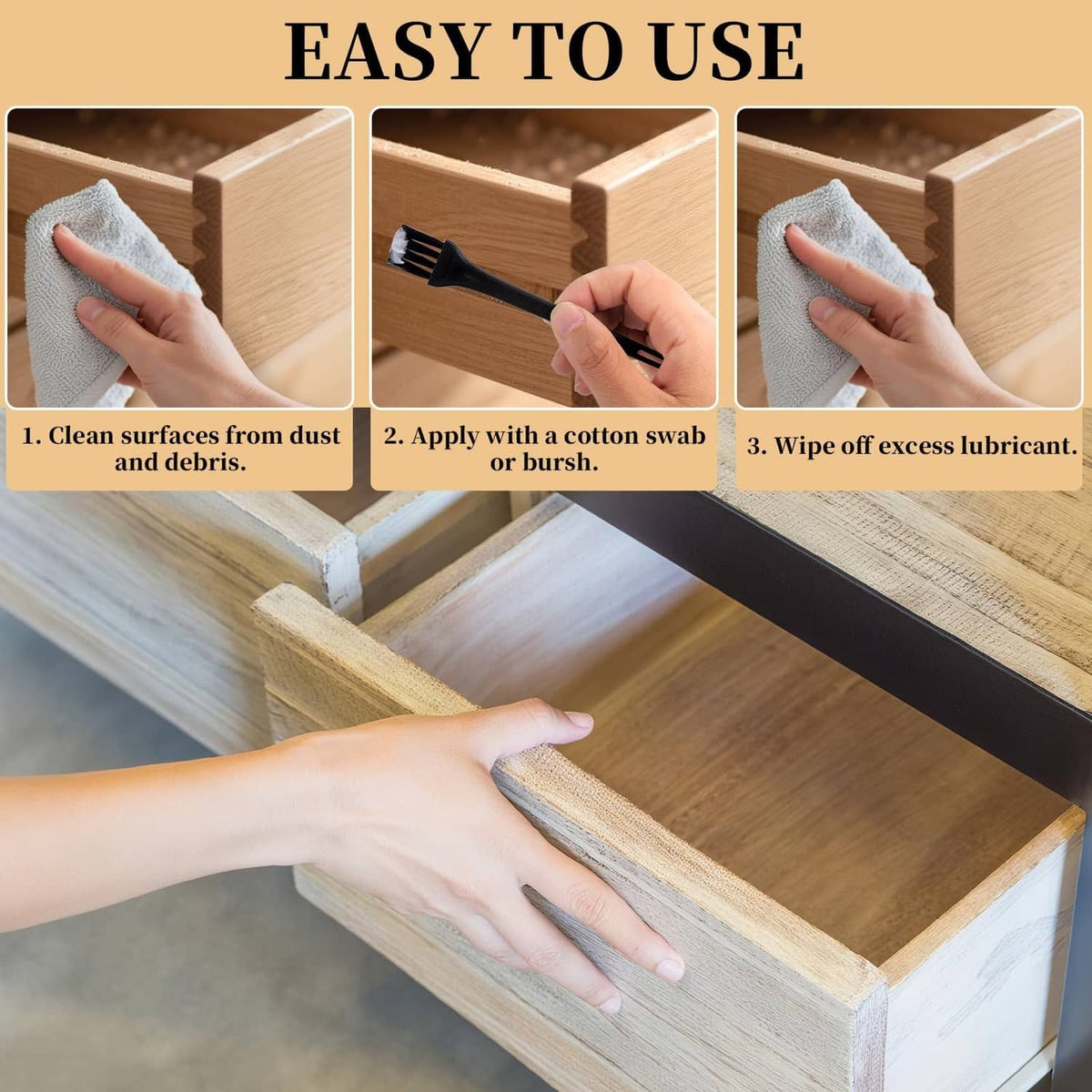 Hands applying wood lubricant to drawer slides with sponge and applicator