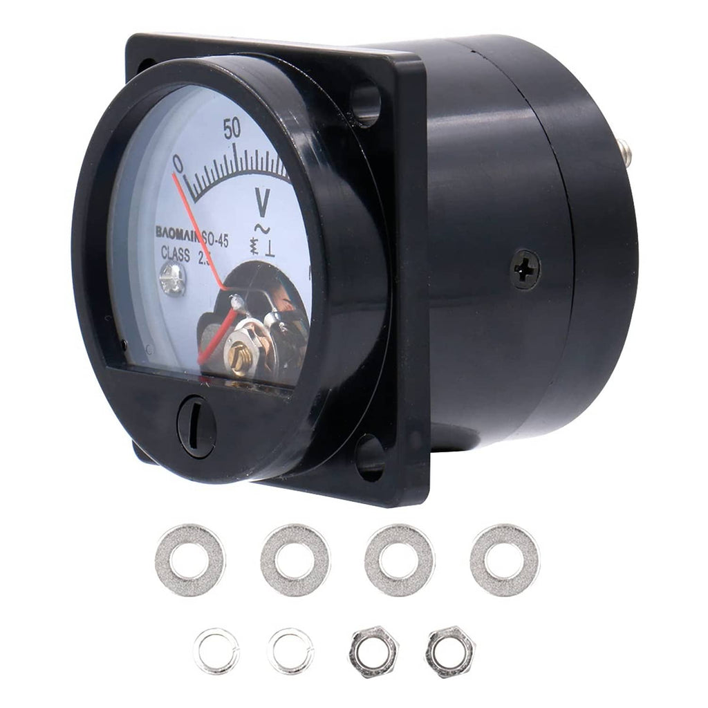 Black analog voltmeter gauge with dial window and mounting hardware washers