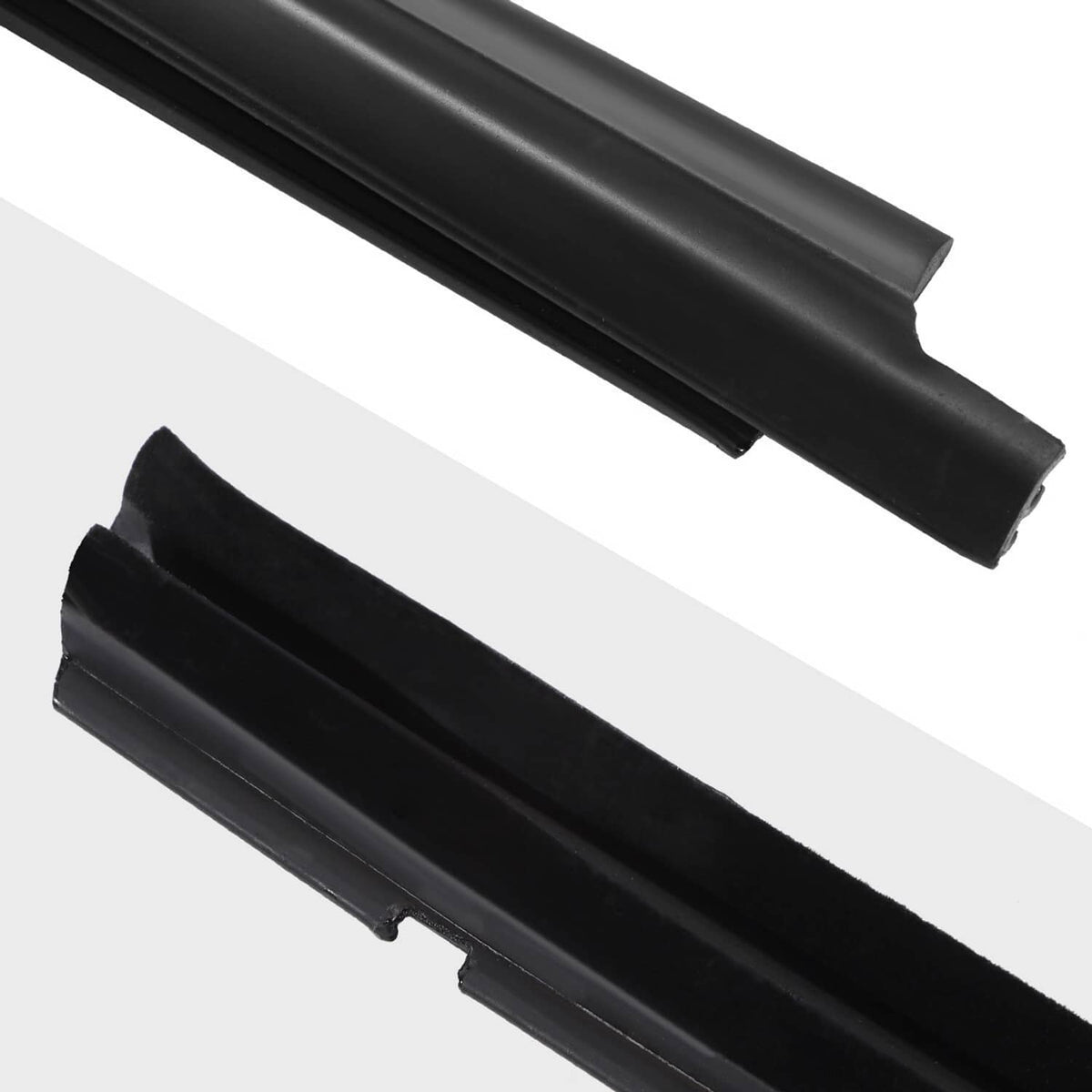 Pair of black window weatherstrip trim seals with textured channel surfaces