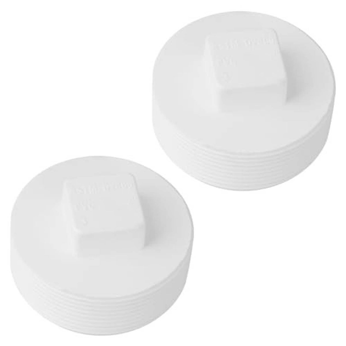 White threaded PVC sewer cleanout plug cap with square key top, angled view