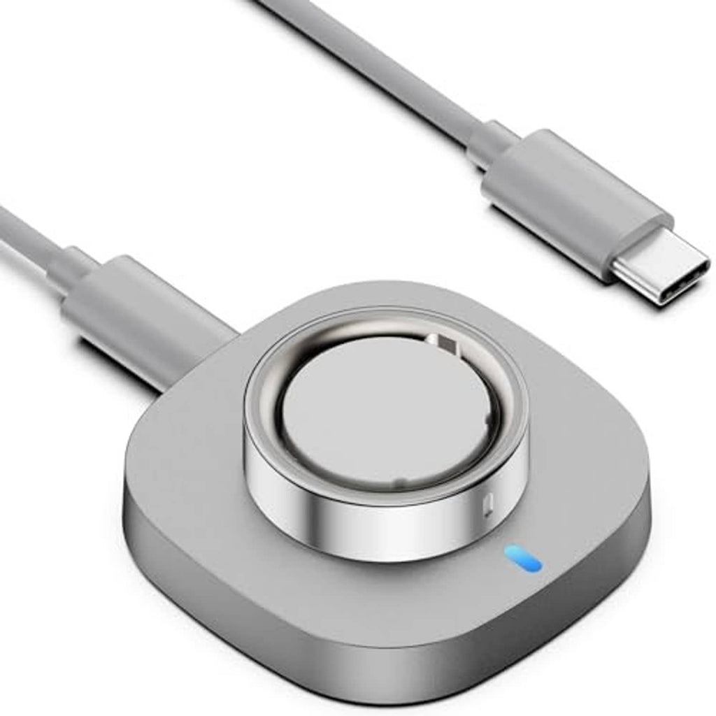 Gray charging dock base with centered metal ring cradle and USB-C cable