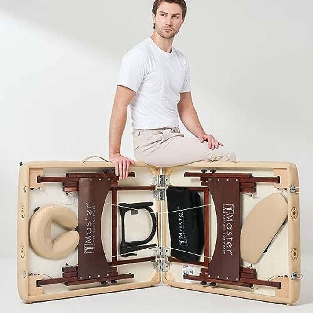 Portable massage table open view showing folding frame and padded sections in storage case