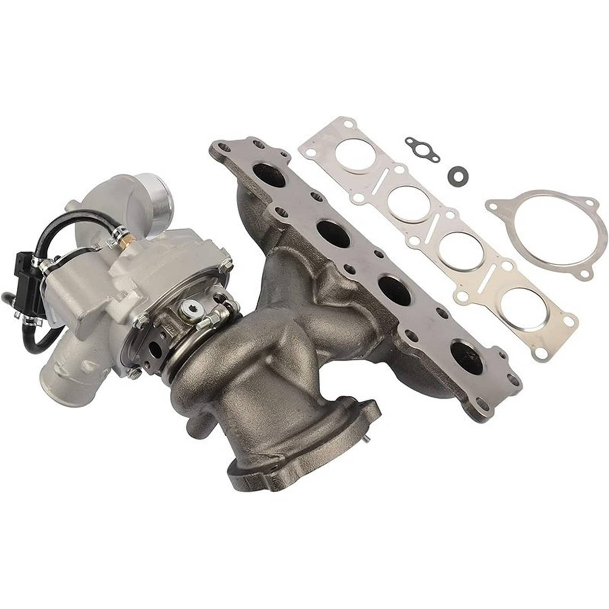 Turbocharger assembly laid out with multiple gasket sets and manifold mounting plates