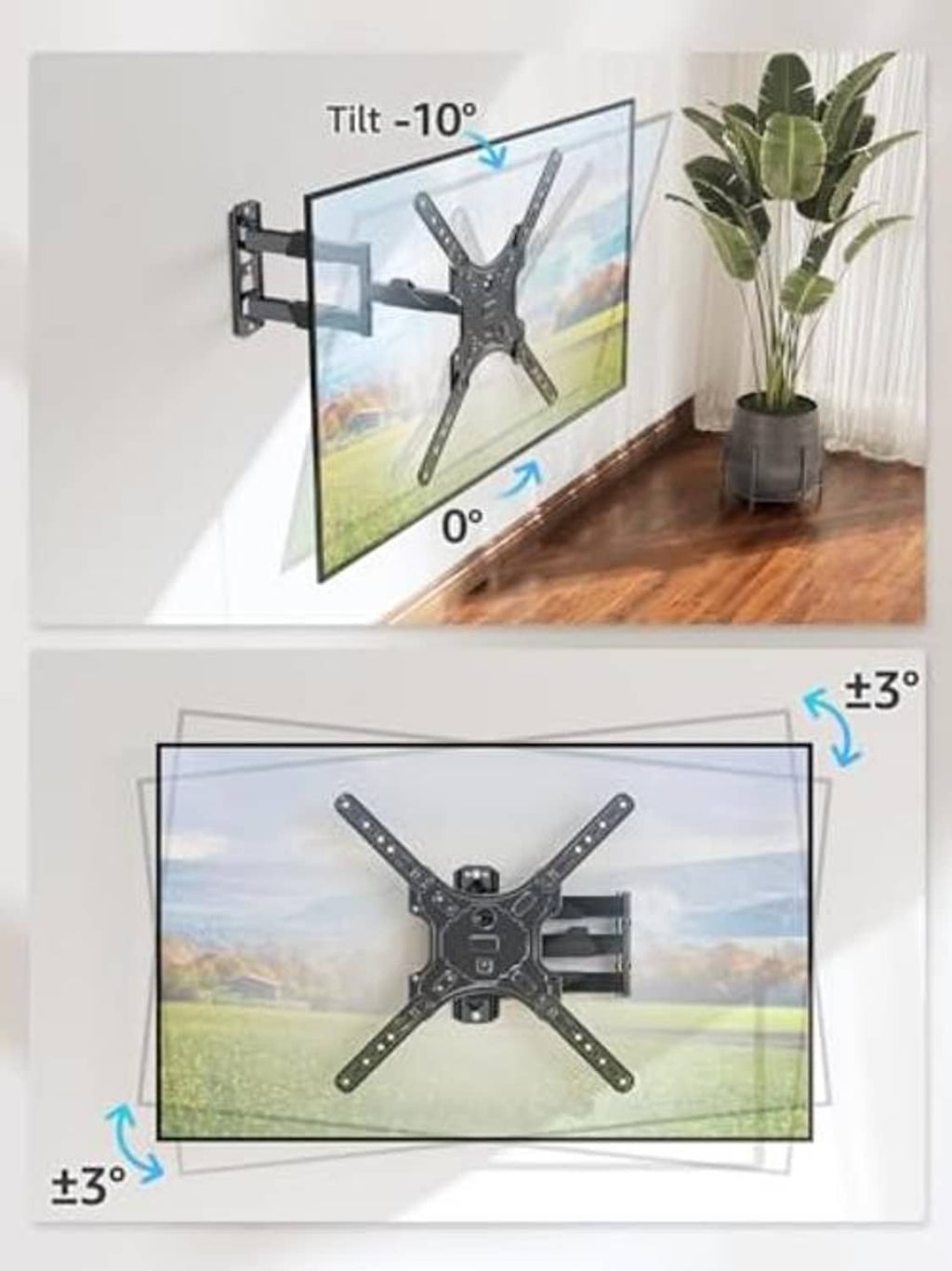 Black full-motion TV wall mount showing adjustable tilt with mounting arms