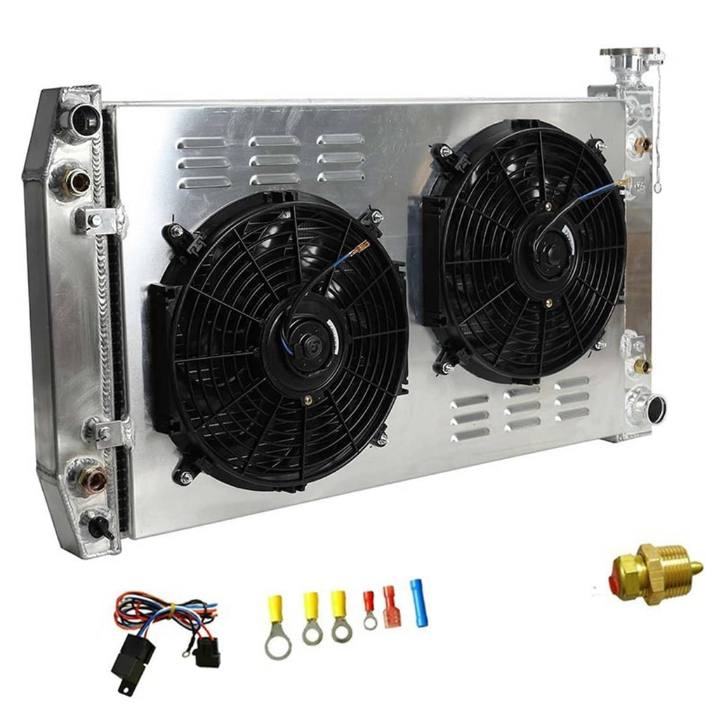 Radiator fan shroud assembly with two black electric cooling fans and metal frame