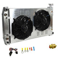 Radiator fan shroud assembly with two black electric cooling fans and metal frame