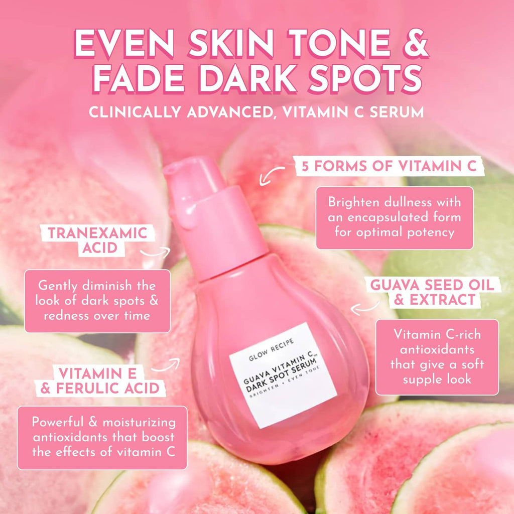 Pink guava vitamin C dark spot serum bottle with dropper, on soft pink