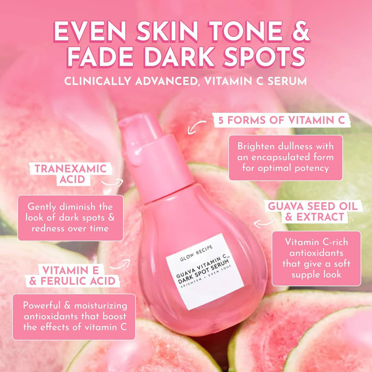 Pink guava vitamin C dark spot serum bottle with dropper, on soft pink