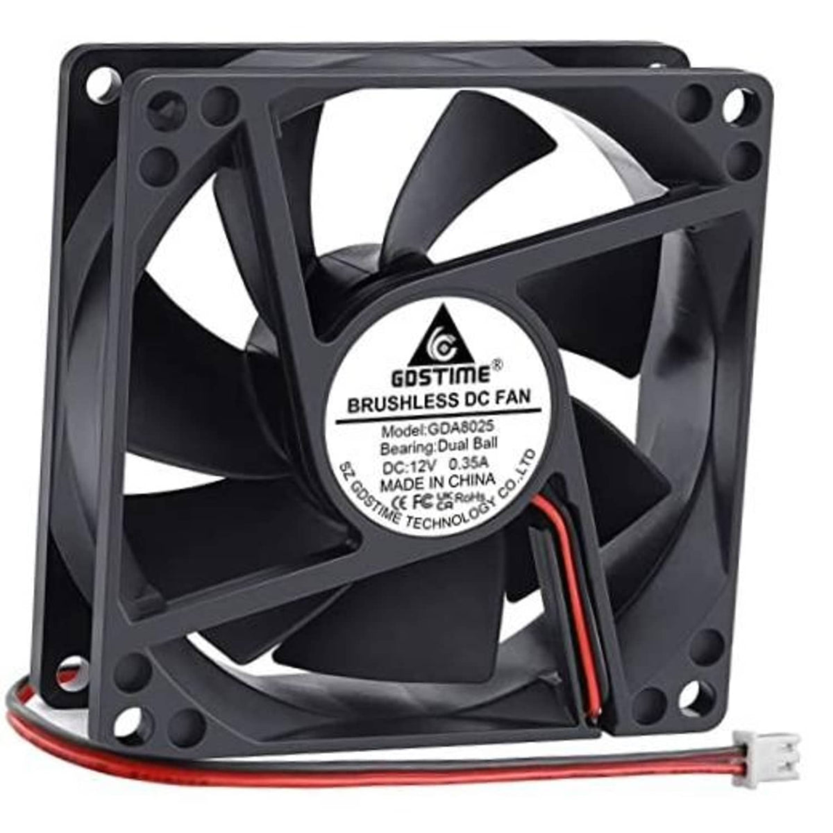Black DC brushless cooling fan with 2-pin connector and red/black power leads
