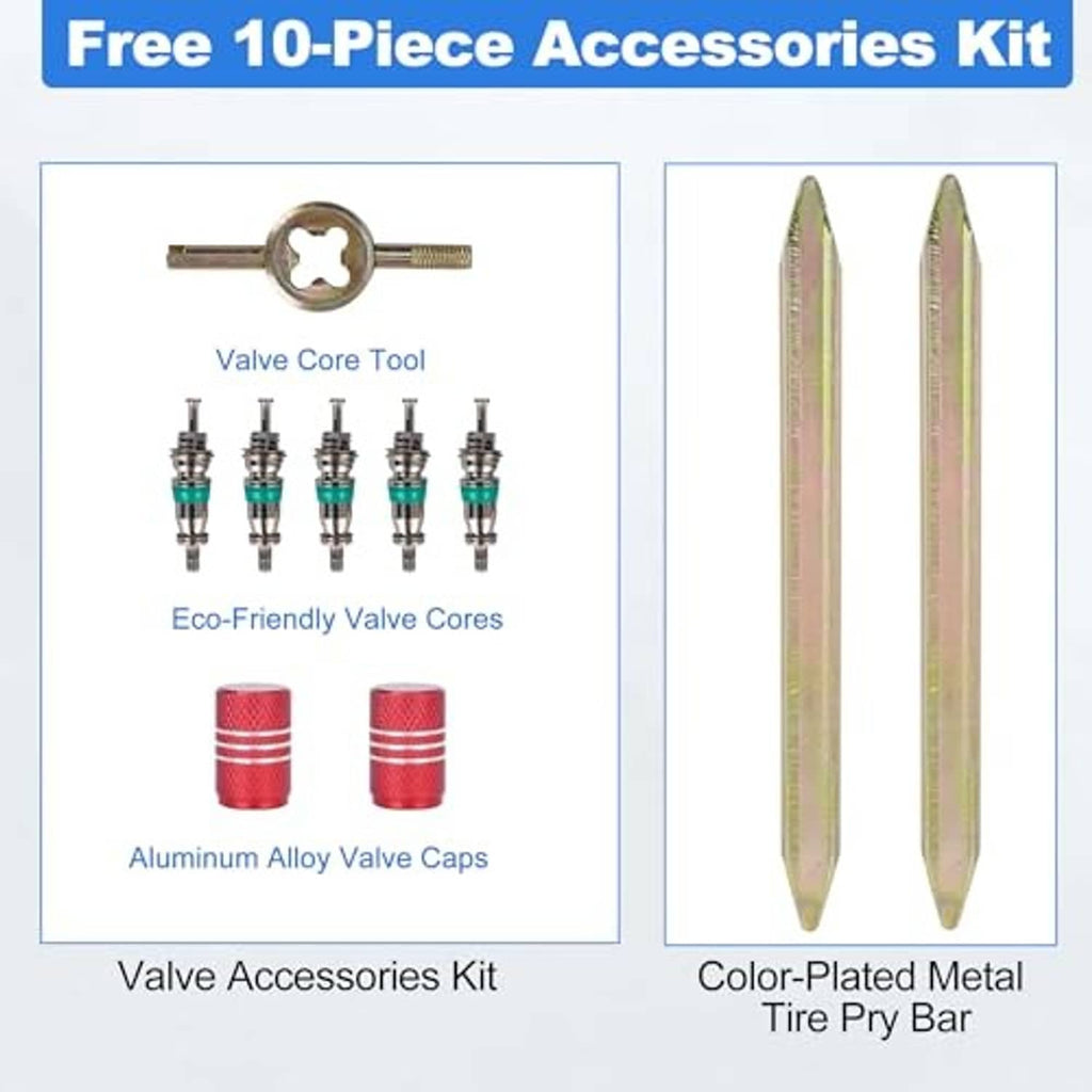 Inner tube accessories kit: valve core tool, valve cores, aluminum caps, and tire pry bar