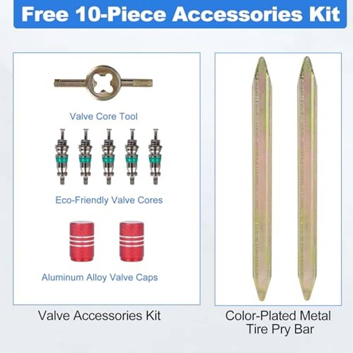 Inner tube accessories kit: valve core tool, valve cores, aluminum caps, and tire pry bar