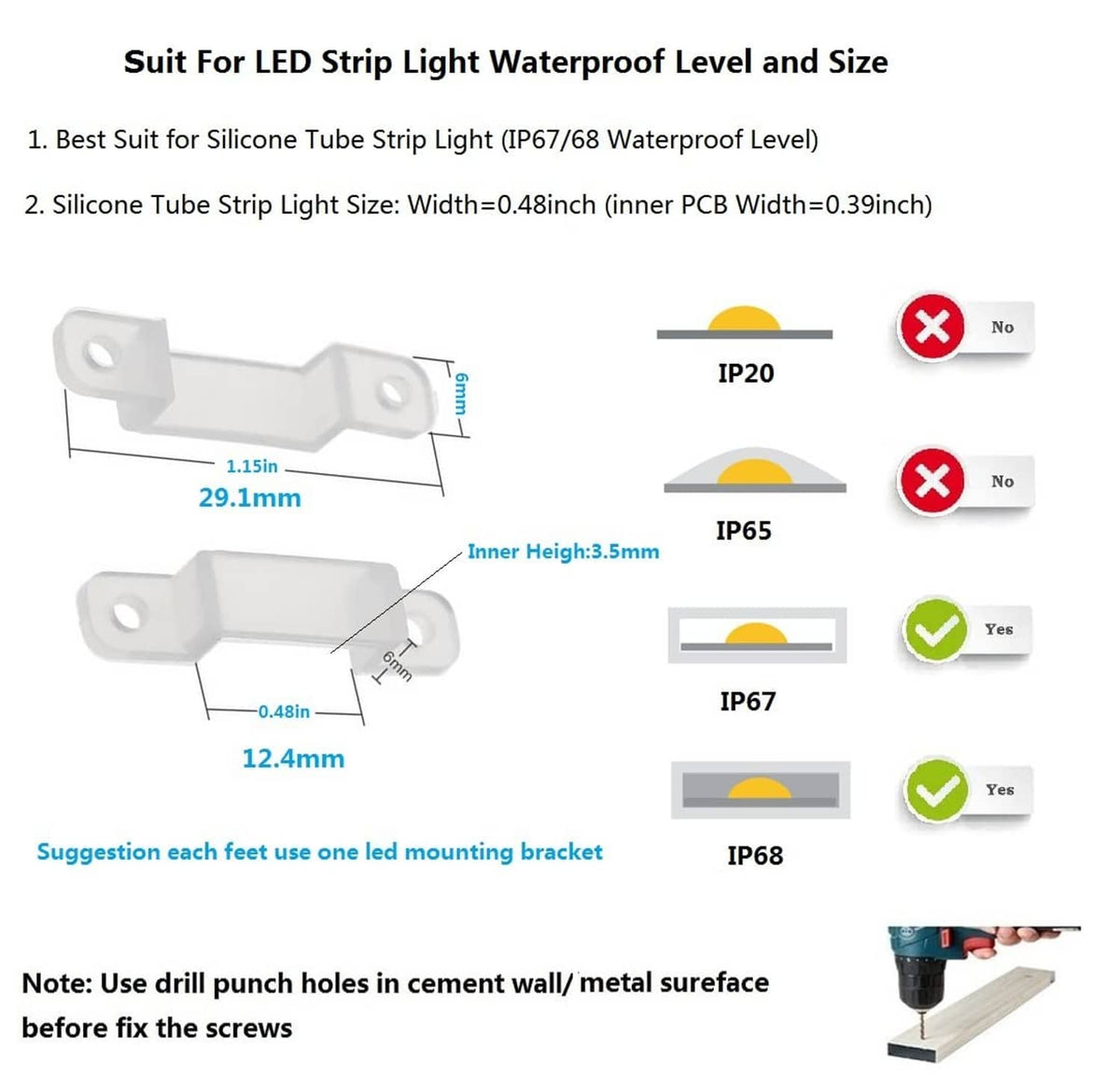 12mm LED strip mounting bracket size and IP67/IP68 compatibility guide