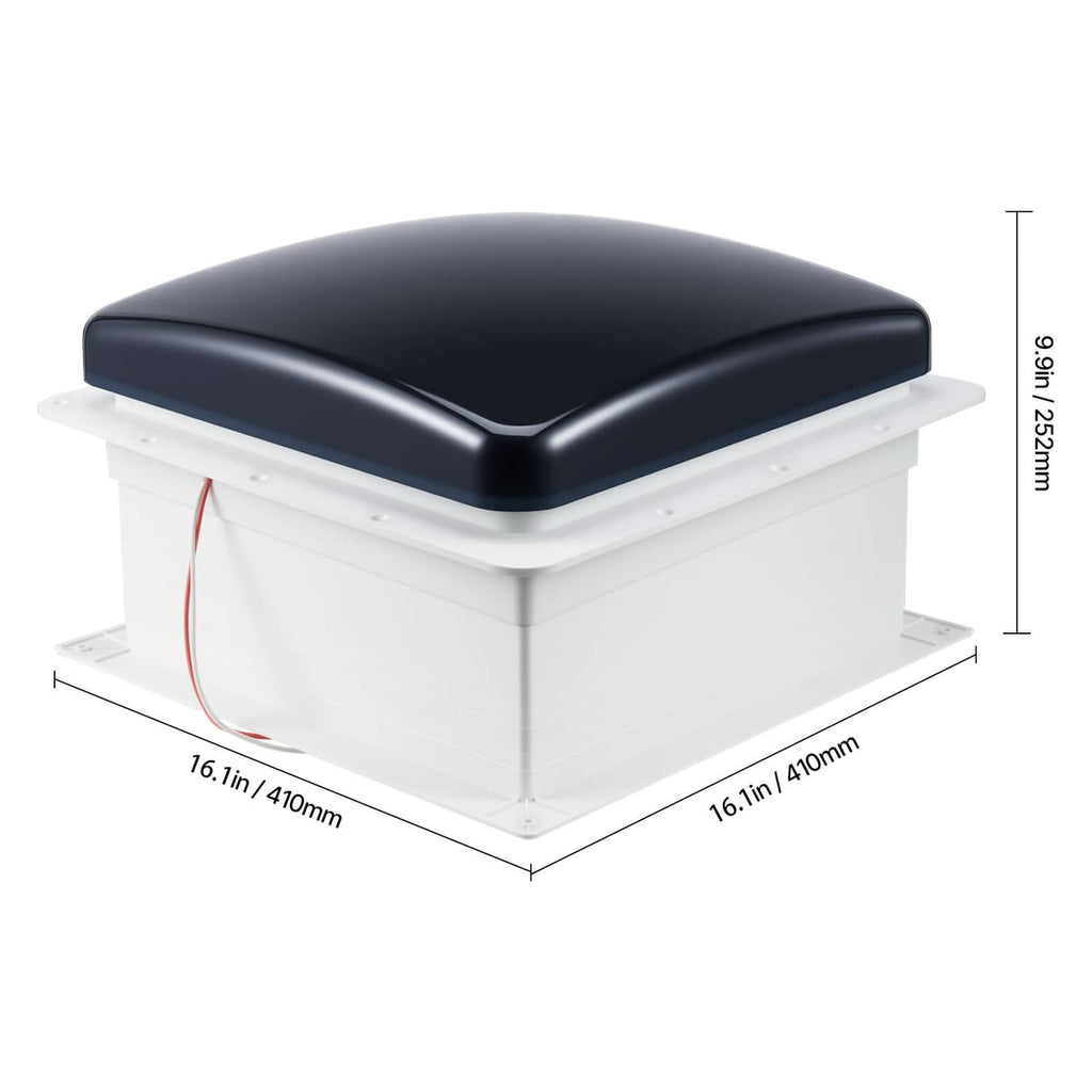 Roof vent fan with dark lid and white housing, shown from a front 3/4 angle