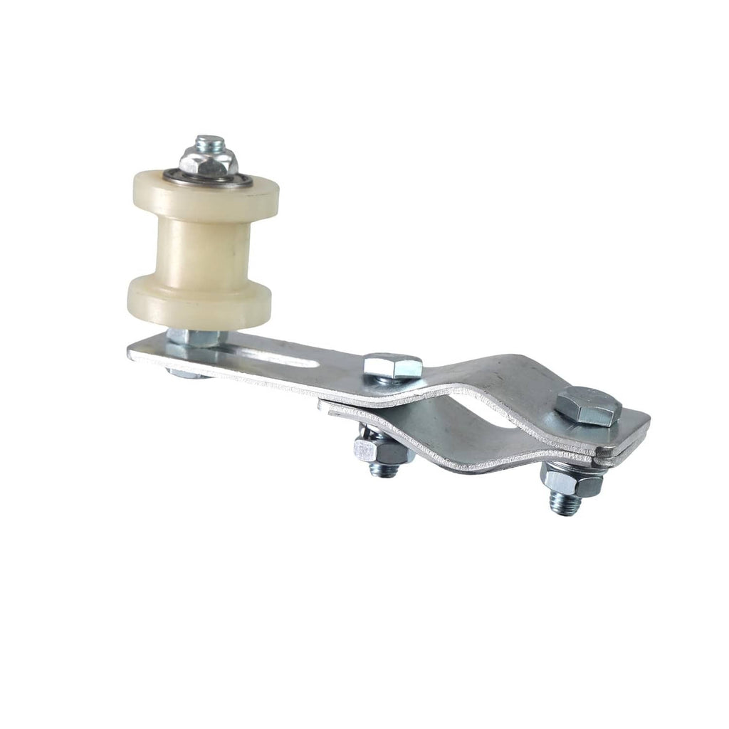 Chain tensioner with white guide wheel post and silver lever bracket with bolts