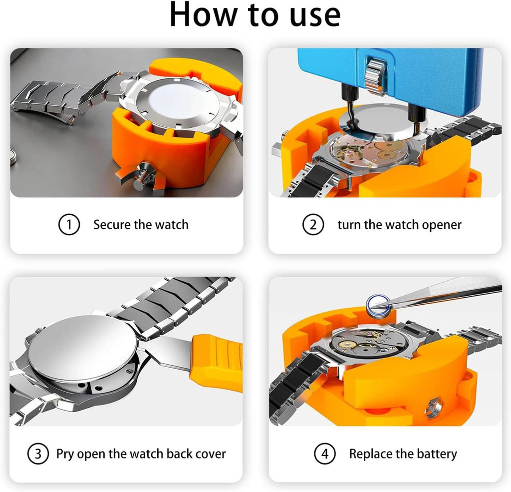 Watch case opener instructions showing steps for securing, prying, and replacing battery
