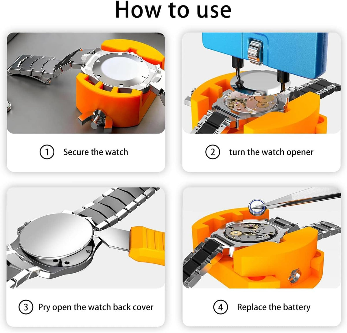 Watch case opener instructions showing steps for securing, prying, and replacing battery