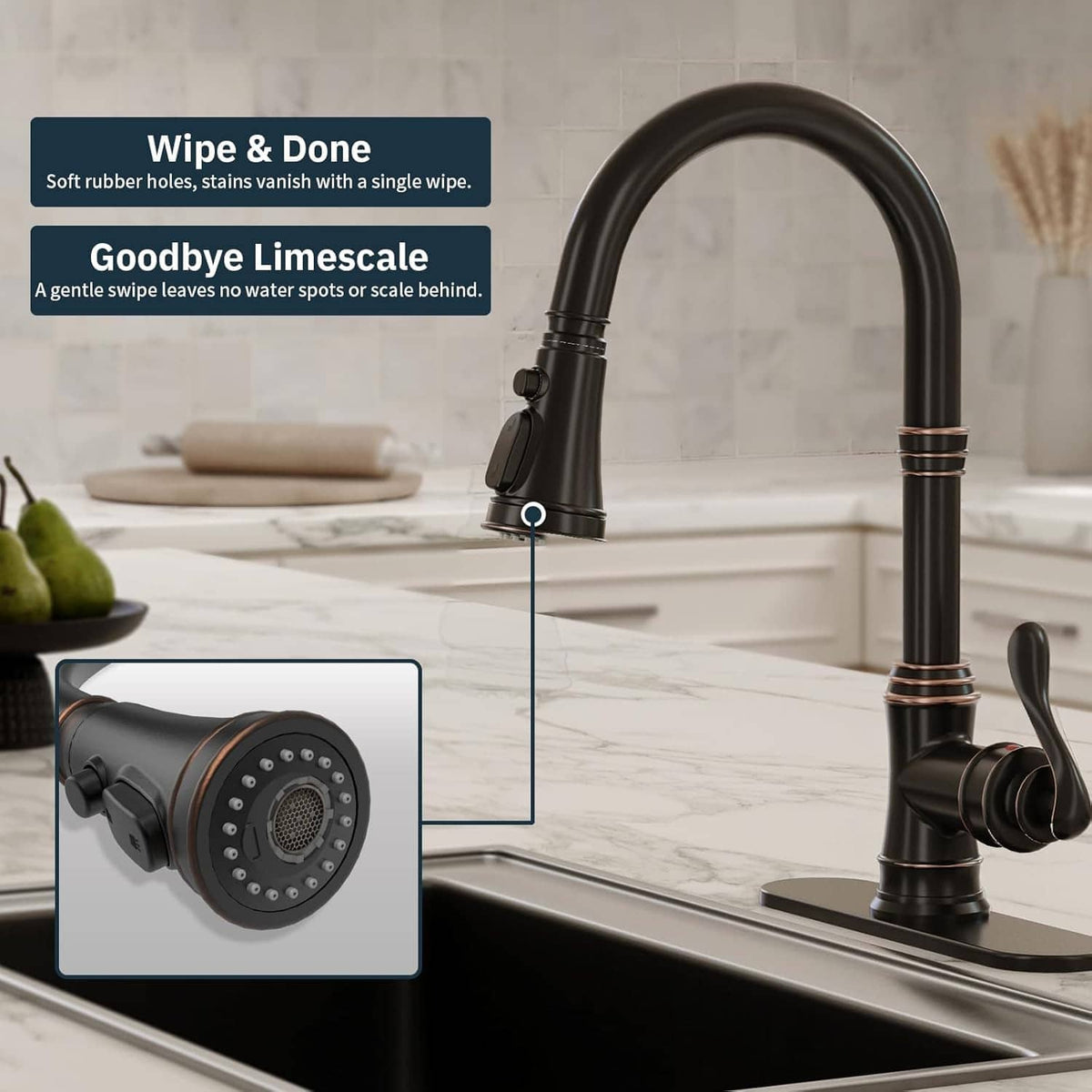 Pull-down kitchen faucet sprayer head and neck with oil-rubbed bronze accent rings