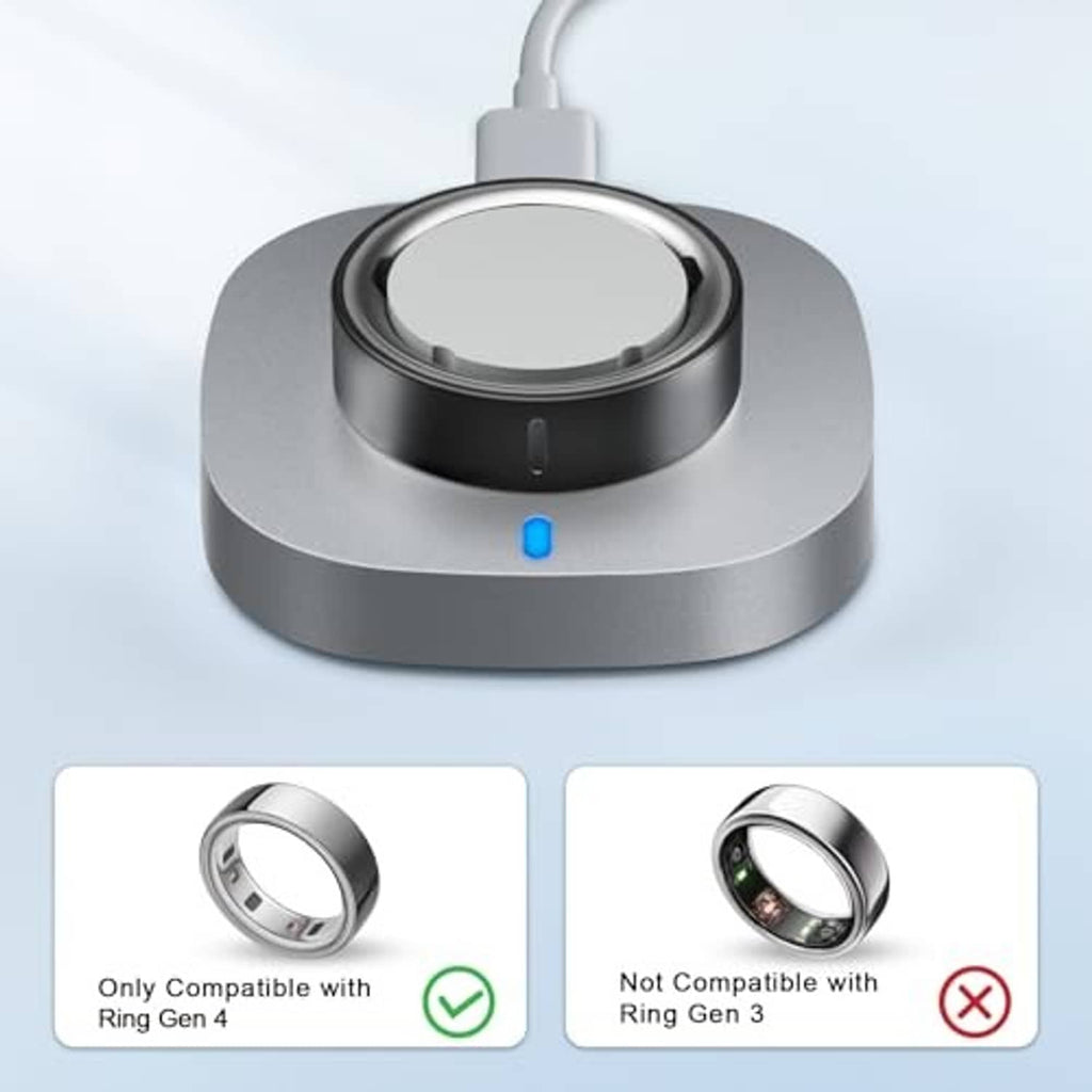 Charging dock base with circular cradle and blue indicator light