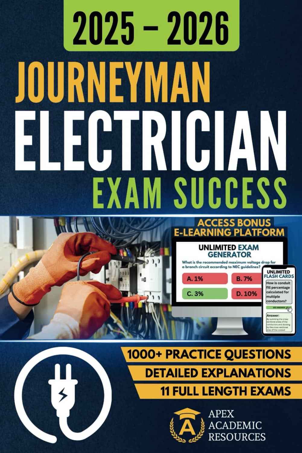 Journeyman Electrician exam success study guide cover, 2025–2026, practice questions badges