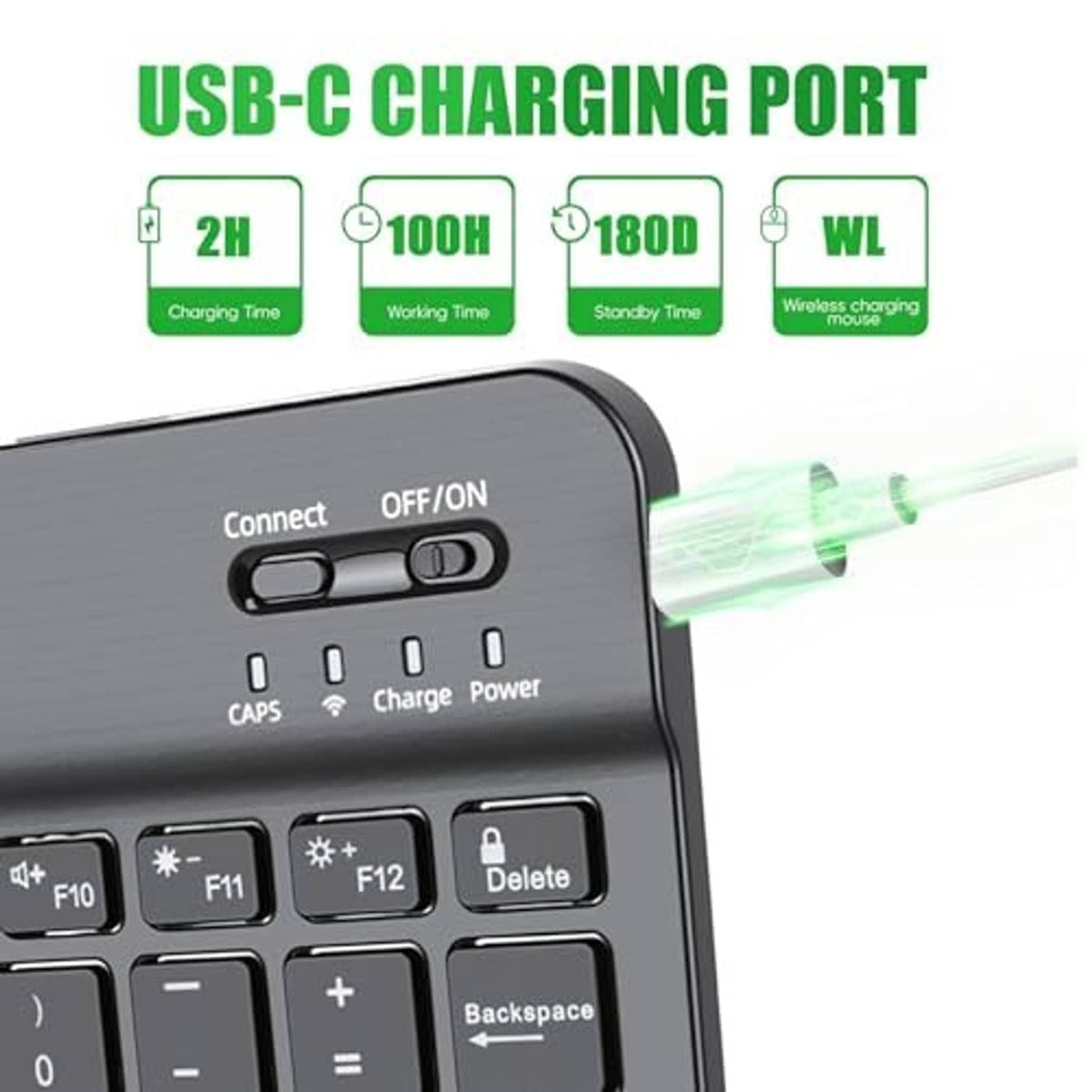 Close-up black keyboard case showing USB-C charging port and power controls