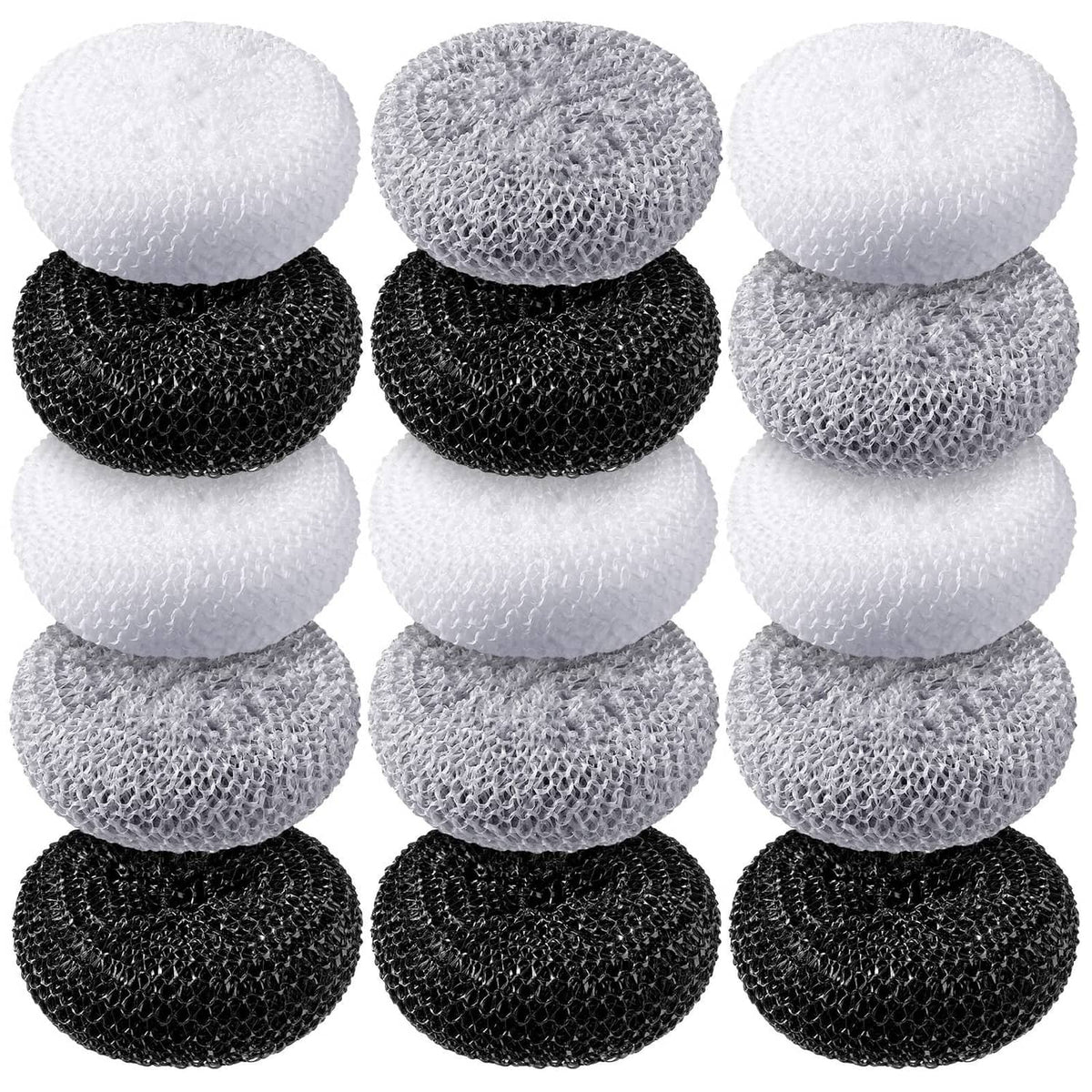 Round nylon dish scrubber pads set, assorted white, gray, and black colors