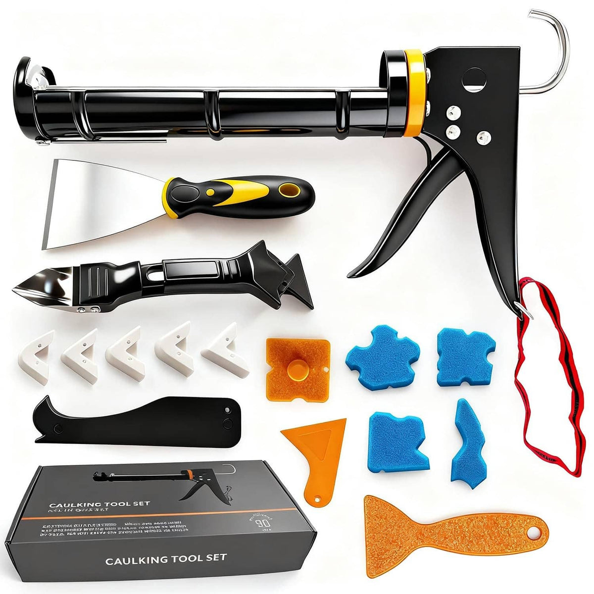 Caulking gun kit with black barrel, yellow accents, handle, and smoothing accessories