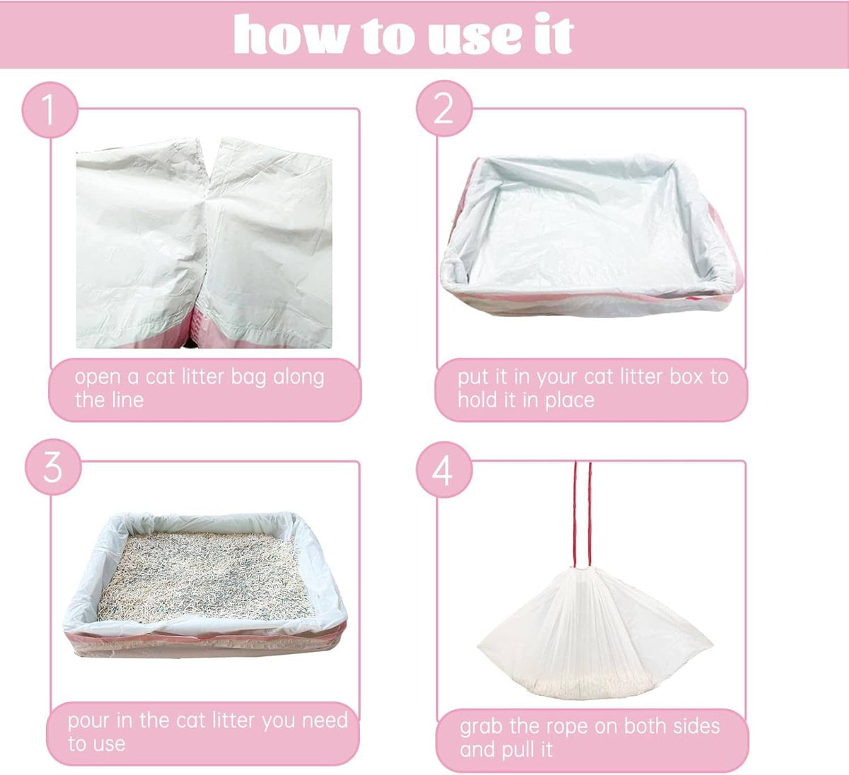 White cat litter liner bag with red drawstring rope and opening for box use