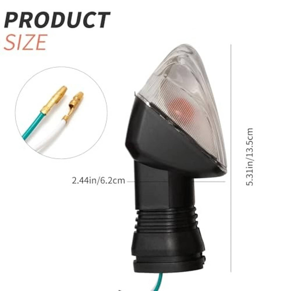 Turn signal light with clear lens and black mounting stem, side view with wiring plugs