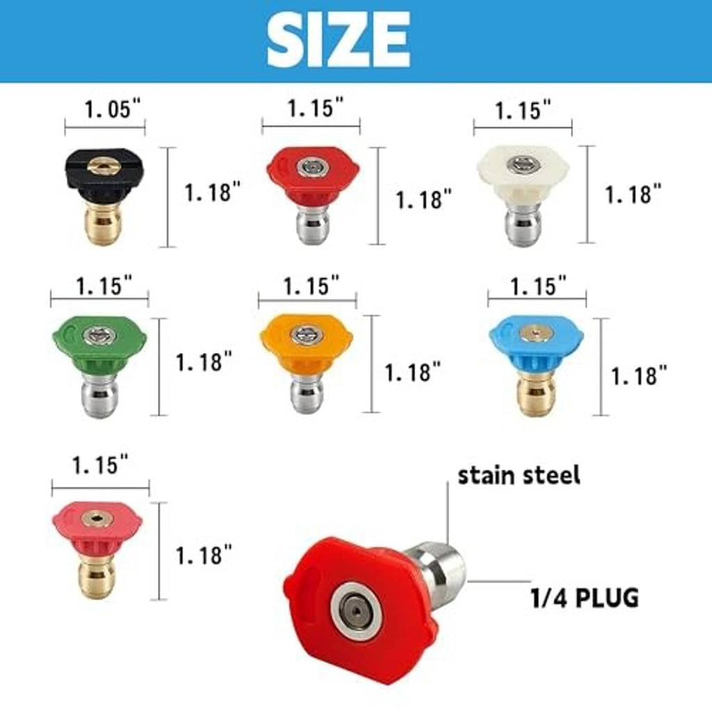 Colored pressure washer nozzle tips with size diagram for 1/4 plug connection