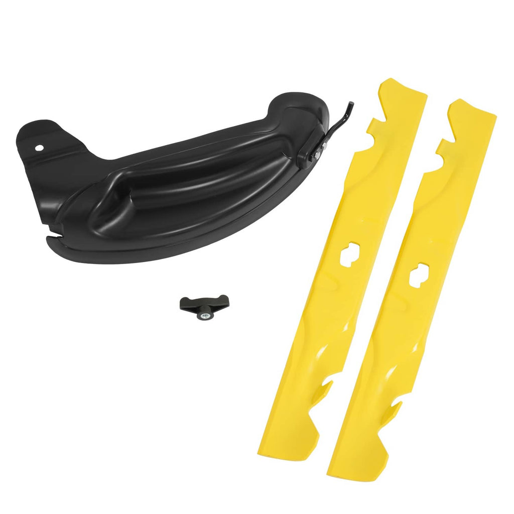 Mulching blade kit with black discharge deflector and two yellow side blades