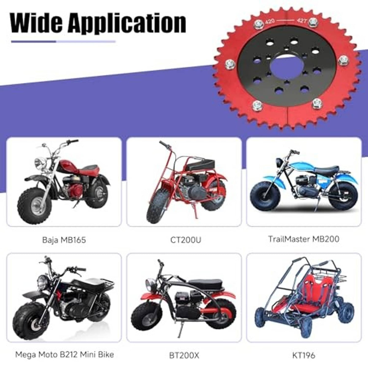 Split sprocket shown with example mini bike, CT200U, and trail bike fitment