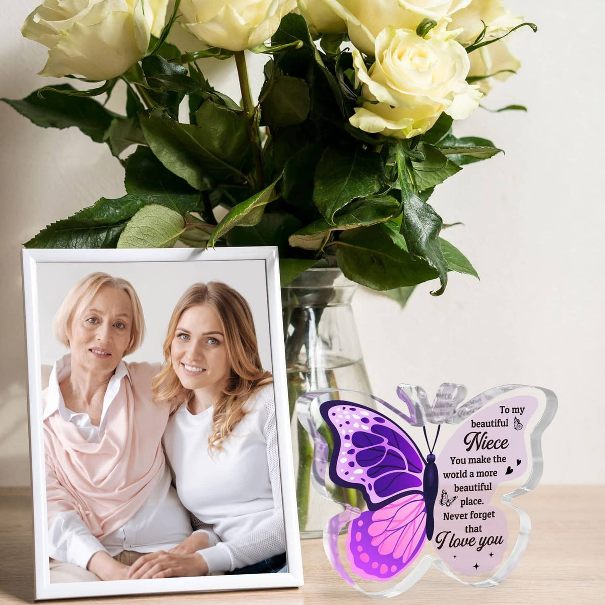 Purple butterfly-shaped message card with translucent ribbon and heartfelt quote