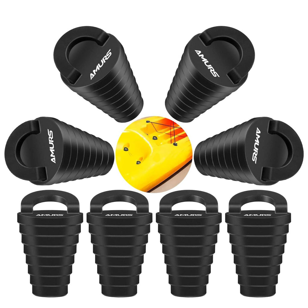 Set of black kayak scupper drain hole plugs with lifting handles