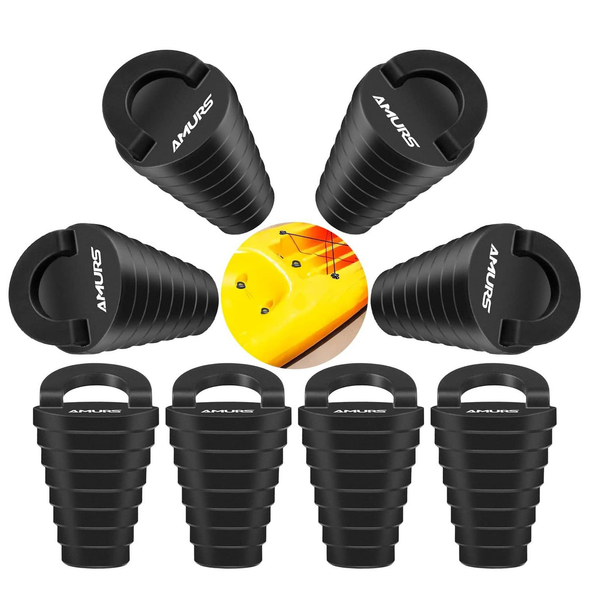 Set of black kayak scupper drain hole plugs with lifting handles